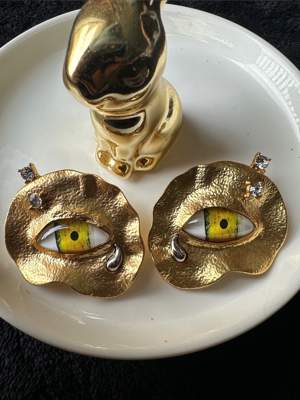 Gold Textured Eye Drop Earrings with Yellow Accent